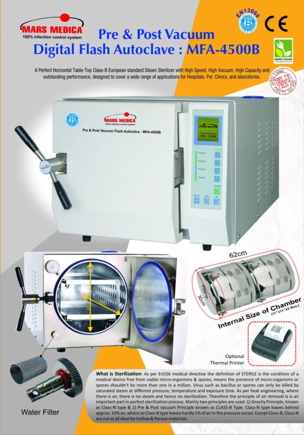 MarsMedica 45 Ltr. (Class-B Type), Model MFA-4500B, Pre & Post Vacuum Digital Flash Autoclaves